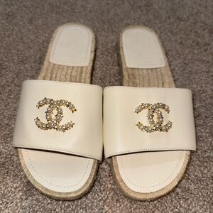 CHANEL Cream Espadrilles with Gold Accents